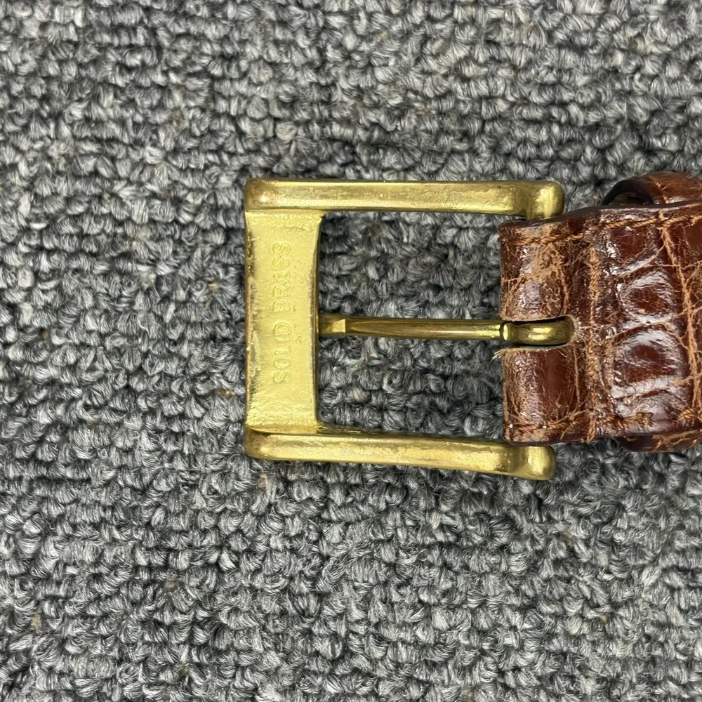 Zelli Genuine Crocodile Belt Mens 42 Brown Exotic Leather Solid Brass Buckle USA